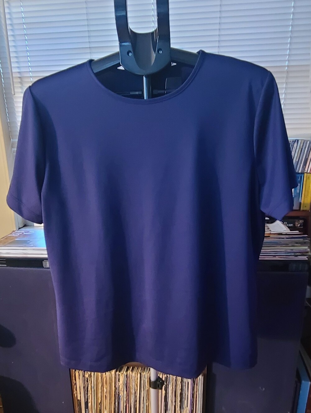 Susan Graver Liquid Knit Crew Neck Top Navy Large